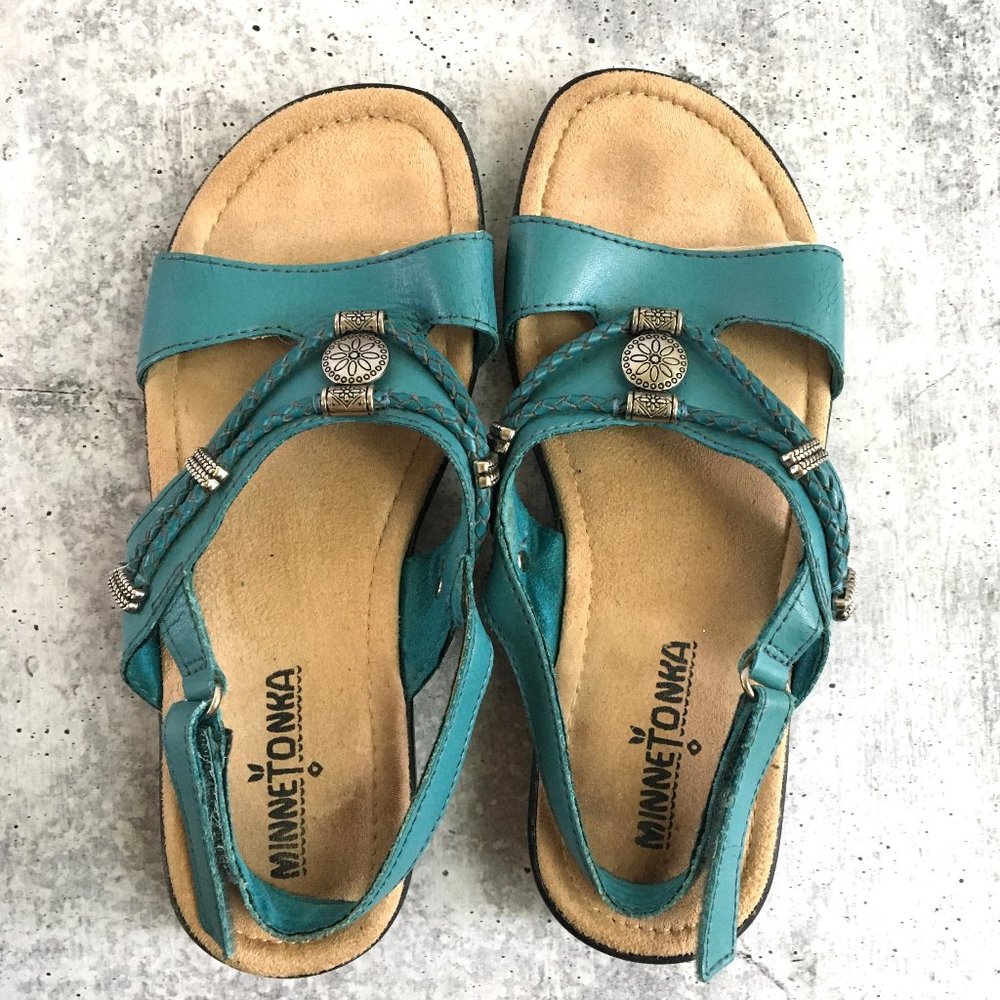 Minnetonka Silvie Cushioned Leather Slingback Sandals Shoes, Turquoise, Size 5W